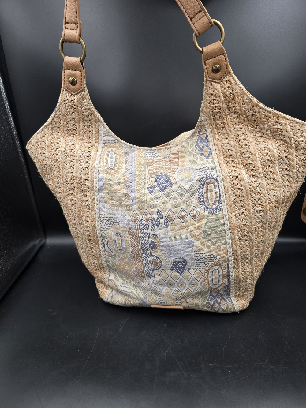 Sakroots Beige Woven Shoulder Bag with Patterned Center Panel